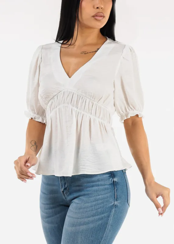 Short Sleeve Vneck White Blouse w Shirring Detail sold by Moda