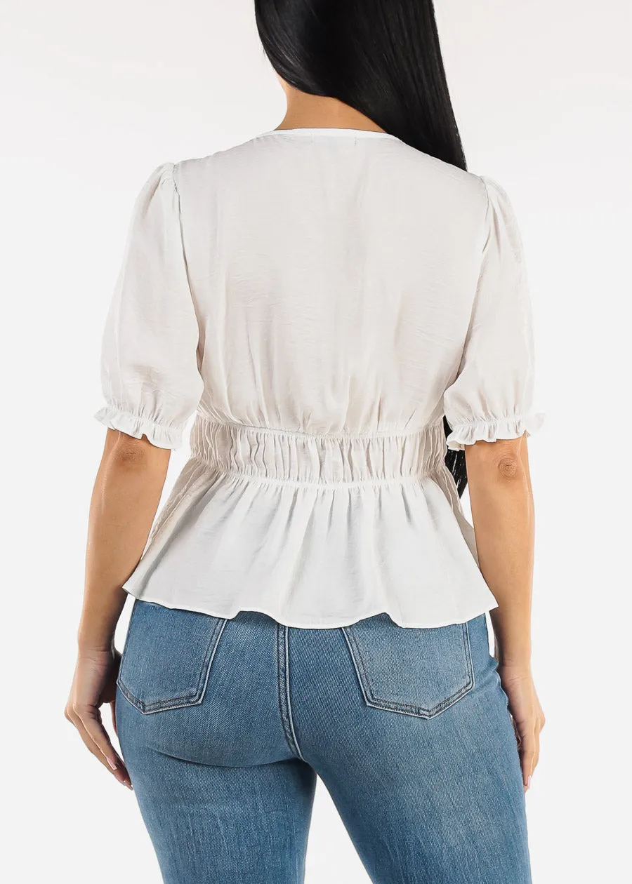 Short Sleeve Vneck White Blouse w Shirring Detail sold by Moda product image thumbnail 4