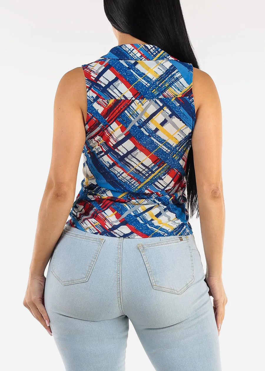 Sleeveless Button Up Printed Ruched Blouse Blue sold by Moda product image thumbnail 4