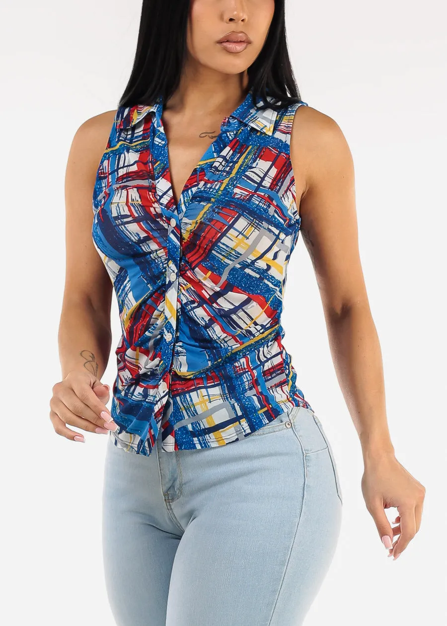 Sleeveless Button Up Printed Ruched Blouse Blue sold by Moda