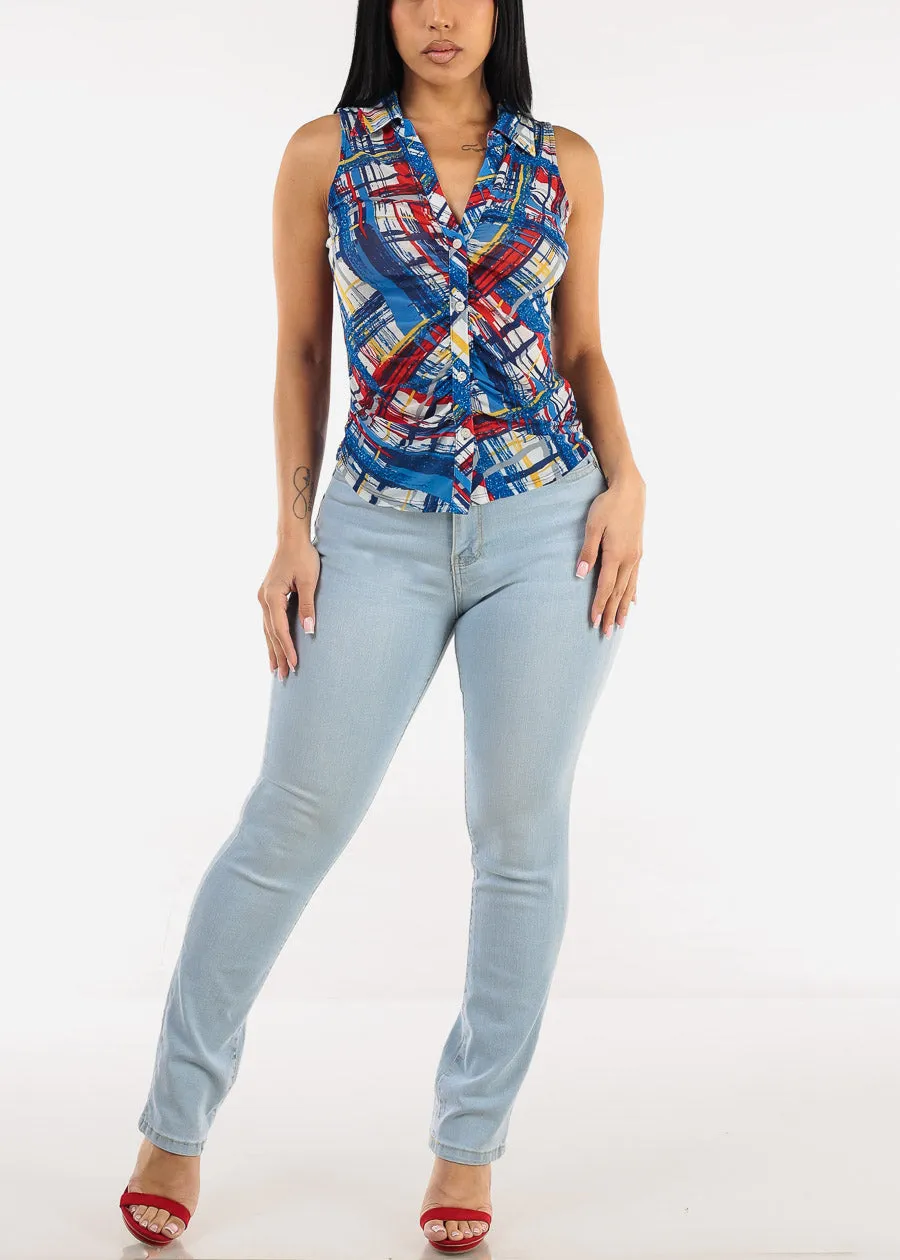 Sleeveless Button Up Printed Ruched Blouse Blue sold by Moda product image thumbnail 2