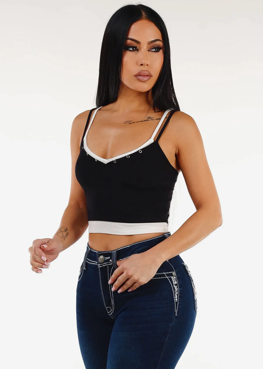 Sleeveless Vneck Layered Stretch Crop Top Black sold by Moda