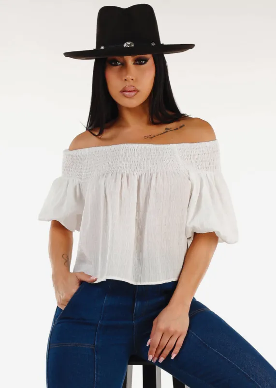 Short Puff Sleeve Off Shoulder Top White made by Chocolate