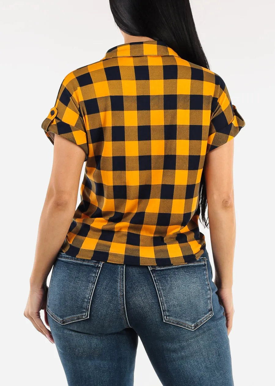 Tie Front Short Sleeve Button Up Plaid Blouse Mustard & Navy sold by Moda product image thumbnail 4