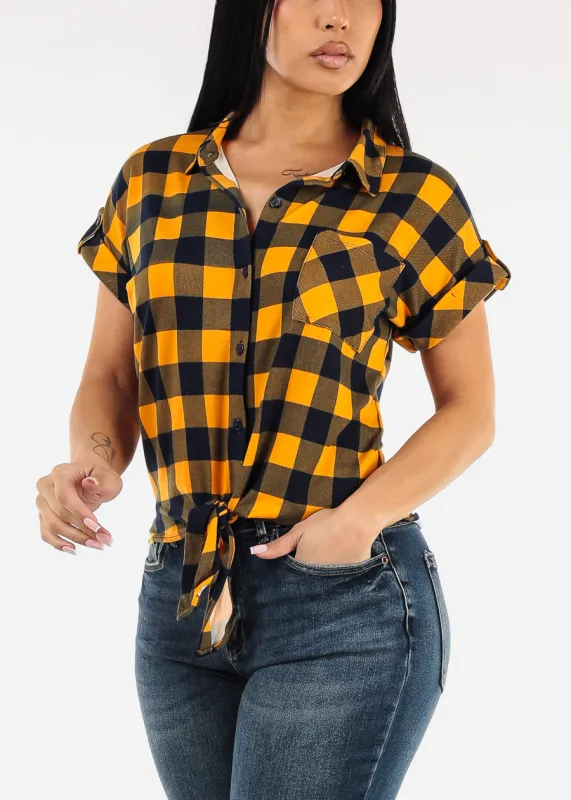 Tie Front Short Sleeve Button Up Plaid Blouse Mustard & Navy sold by Moda