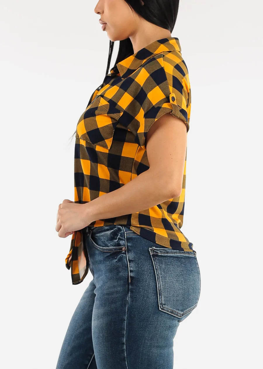 Tie Front Short Sleeve Button Up Plaid Blouse Mustard & Navy sold by Moda product image thumbnail 3
