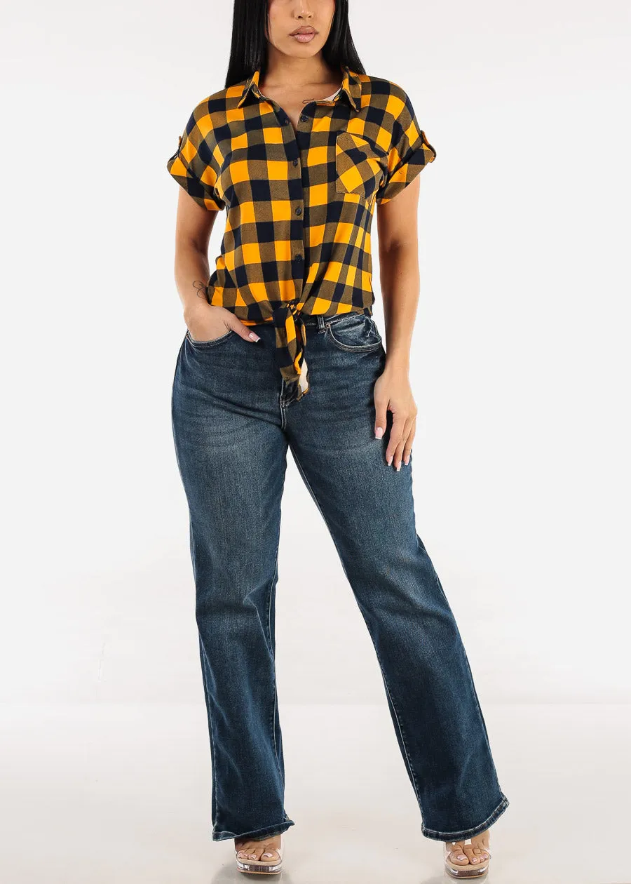 Tie Front Short Sleeve Button Up Plaid Blouse Mustard & Navy sold by Moda product image thumbnail 2