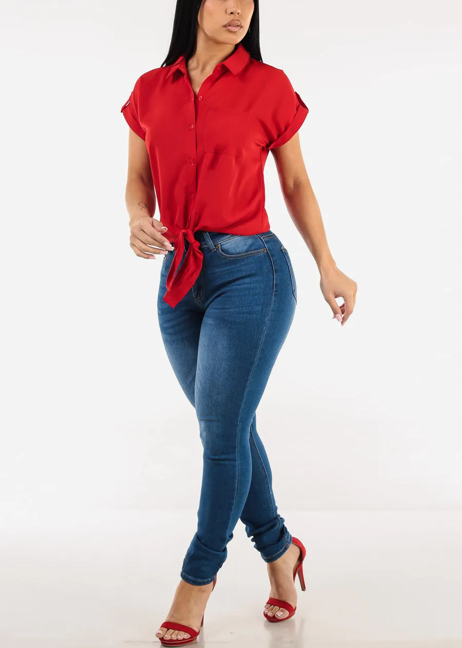 Short Sleeve Button Down Tie Front Blouse Red sold by Moda product image thumbnail 2