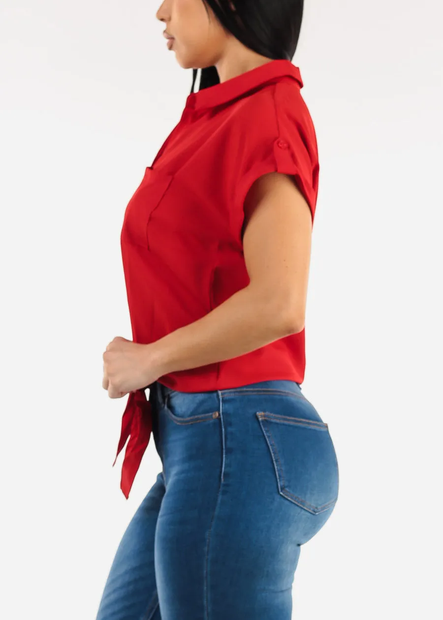 Short Sleeve Button Down Tie Front Blouse Red sold by Moda product image thumbnail 3