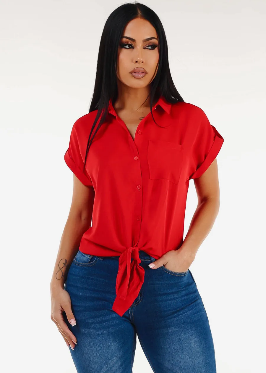Short Sleeve Button Down Tie Front Blouse Red sold by Moda