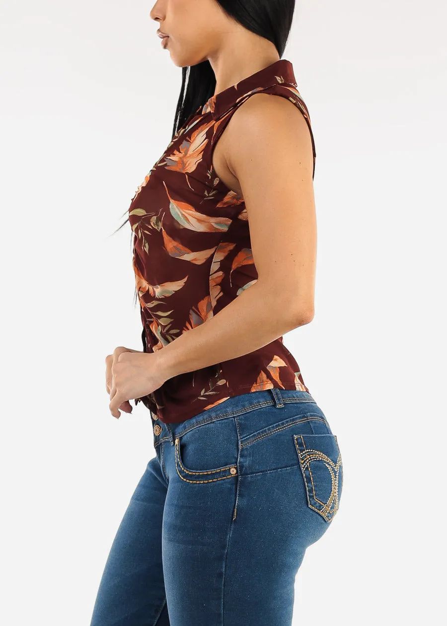 Sleeveless Button Up Floral Ruched Blouse Brown sold by Moda product image thumbnail 4