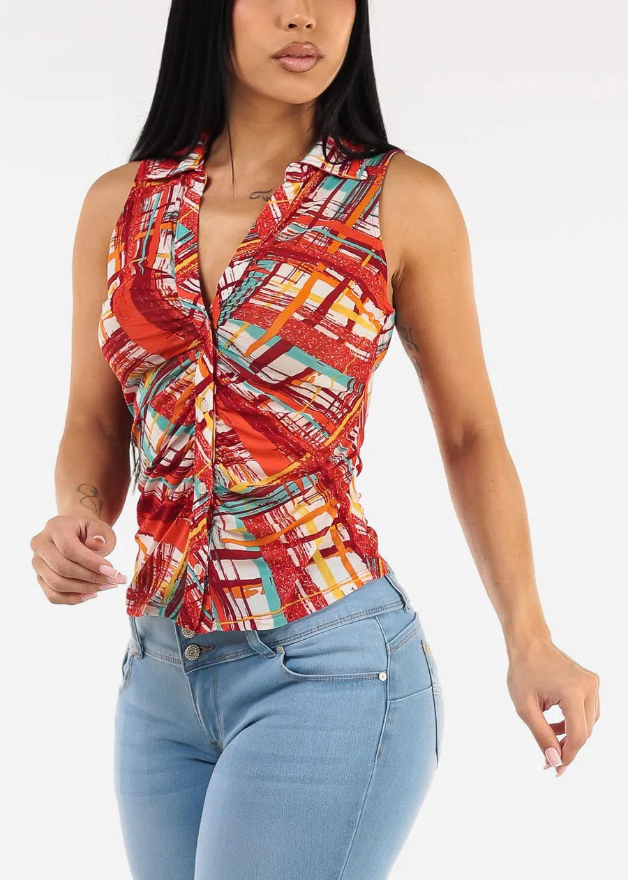 Sleeveless Button Up Printed Ruched Blouse Red sold by Moda