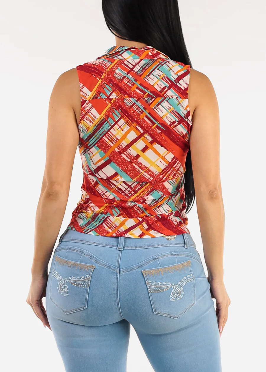 Sleeveless Button Up Printed Ruched Blouse Red sold by Moda product image thumbnail 4