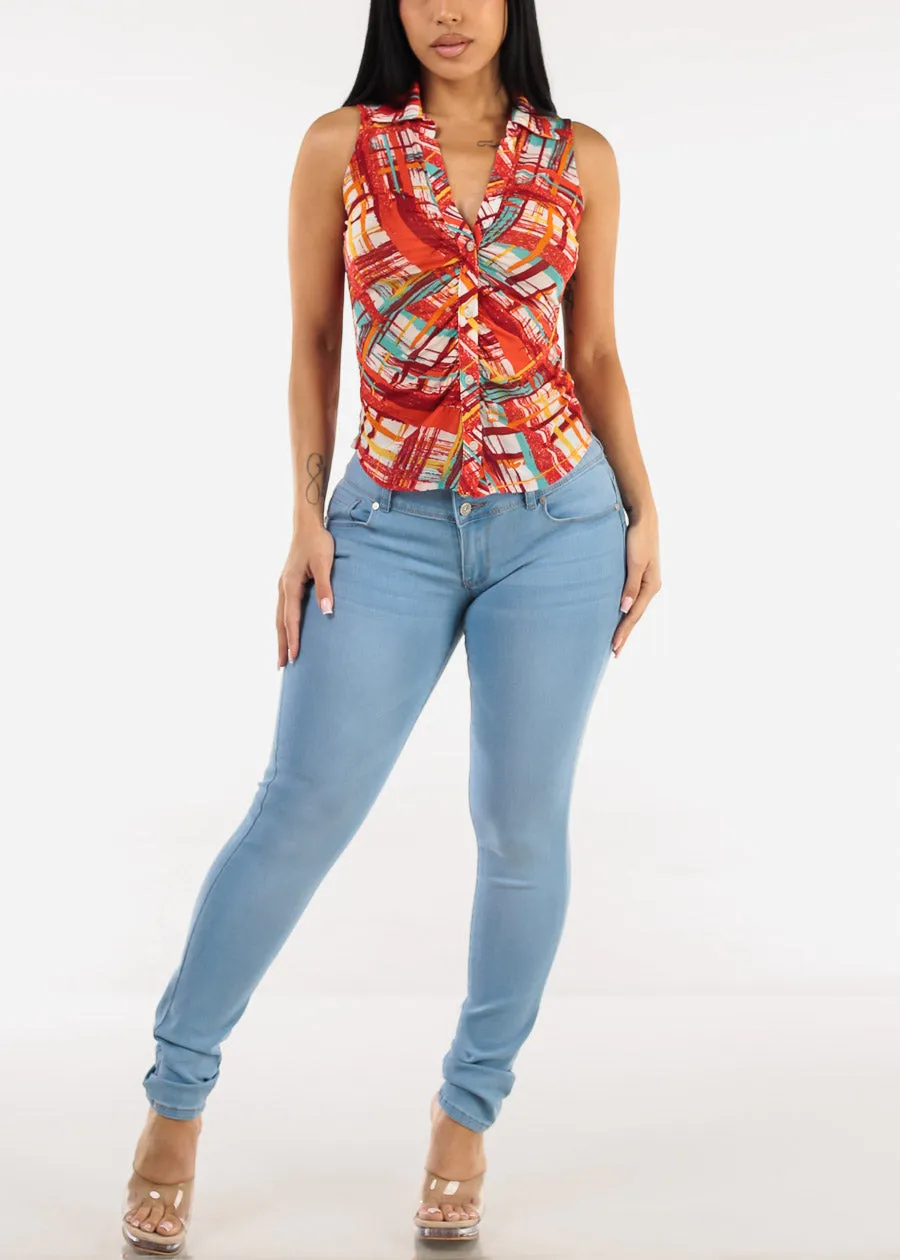 Sleeveless Button Up Printed Ruched Blouse Red sold by Moda product image thumbnail 2