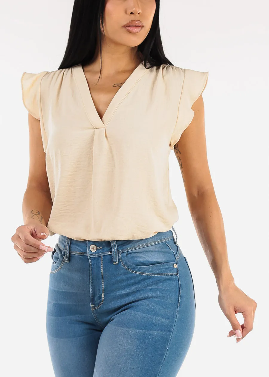 Short Sleeve Vneck Blouse Beige sold by Moda