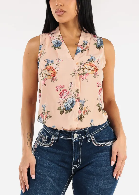 Sleeveless Vneck Floral Chiffon Blouse Blush sold by Moda