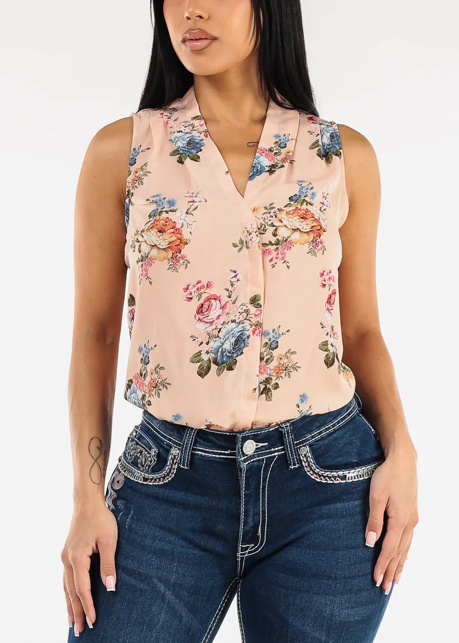 Sleeveless Vneck Floral Chiffon Blouse Blush sold by Moda