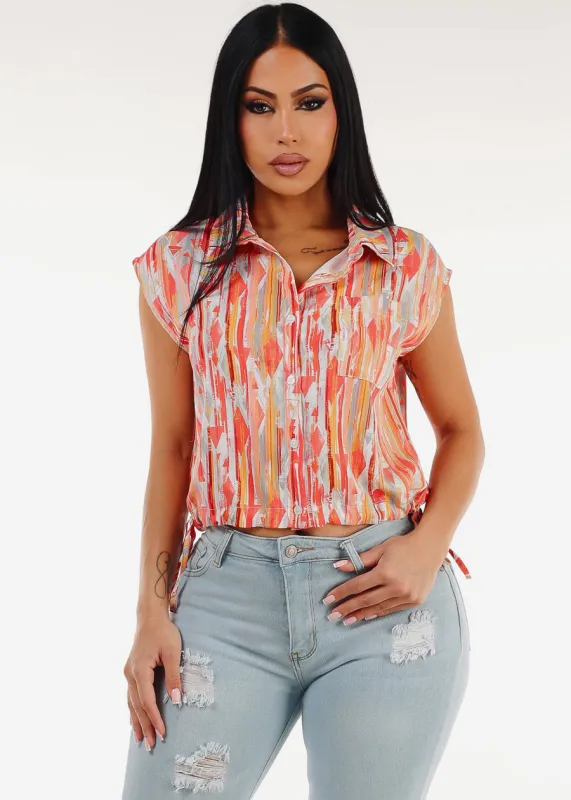 Drawstring Bubble Hem Abstract Button up Shirt Orange sold by Moda
