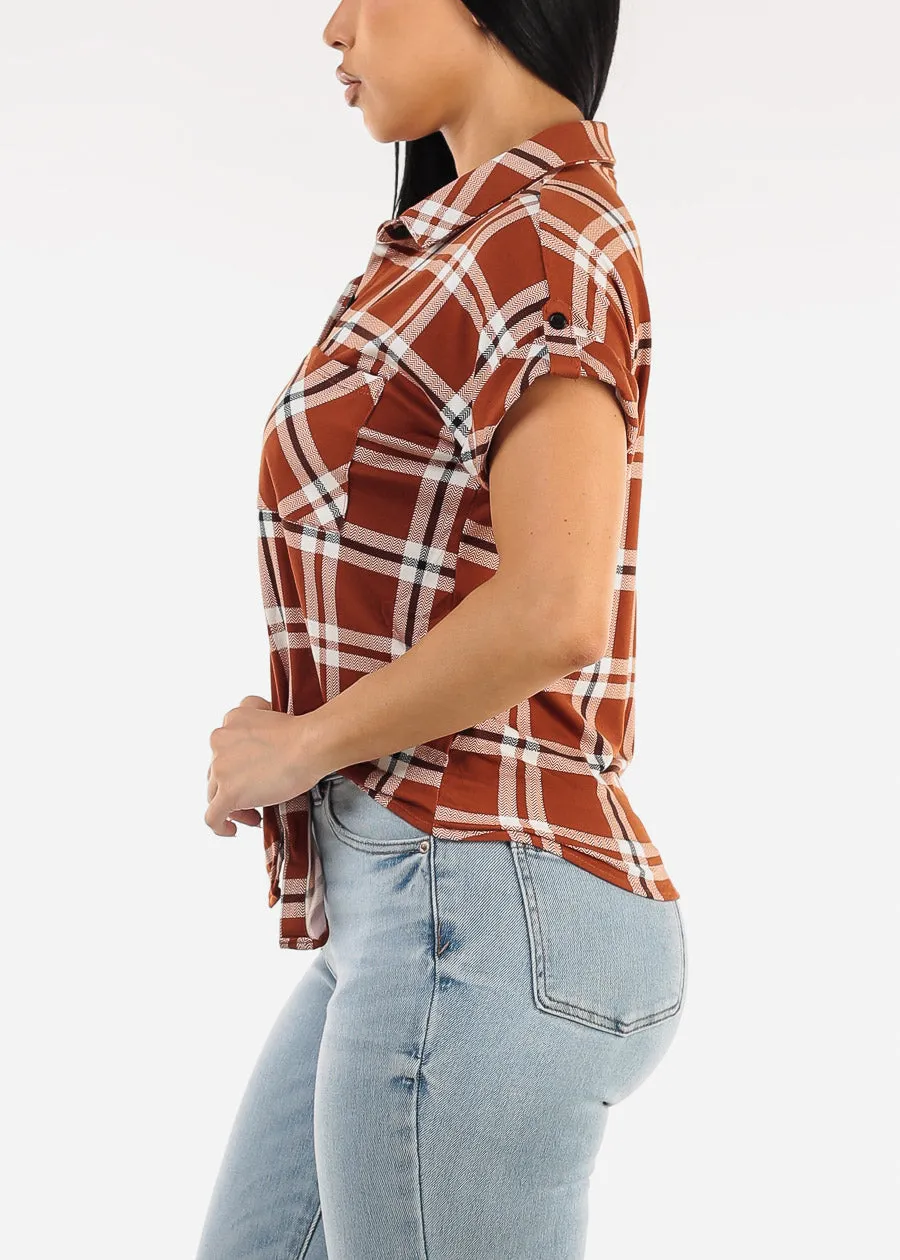 Tie Front Short Sleeve Button Up Plaid Blouse Brown sold by Moda product image thumbnail 3