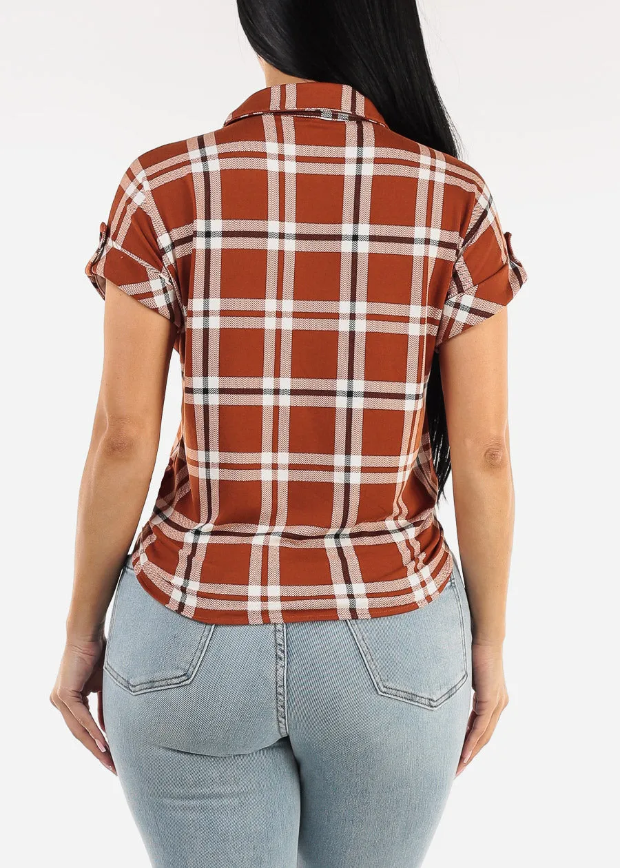 Tie Front Short Sleeve Button Up Plaid Blouse Brown sold by Moda product image thumbnail 4