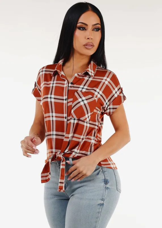 Tie Front Short Sleeve Button Up Plaid Blouse Brown sold by Moda