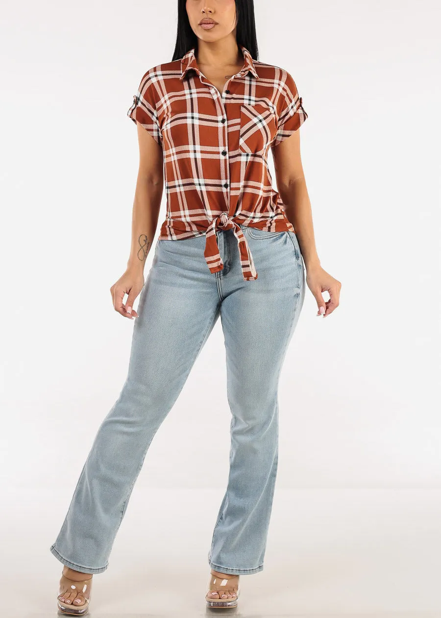 Tie Front Short Sleeve Button Up Plaid Blouse Brown sold by Moda product image thumbnail 2
