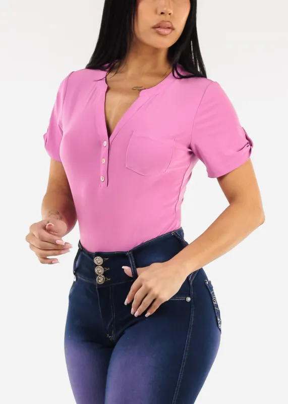 Short Sleeve Half Button Up Blouse Candy sold by Moda