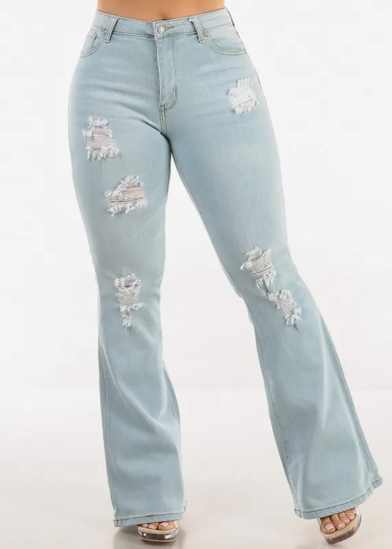 High Waisted Stretch Distressed Flared Jeans Light Wash sold by Moda