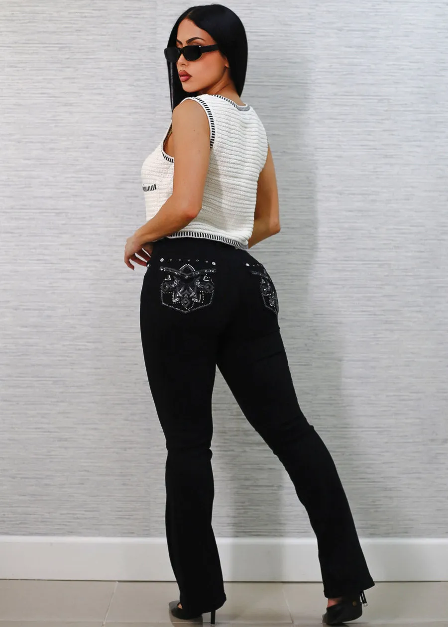 Stretchy High Waist Black Bootcut Jeans w Back Pocket Design sold by Moda product image thumbnail 3