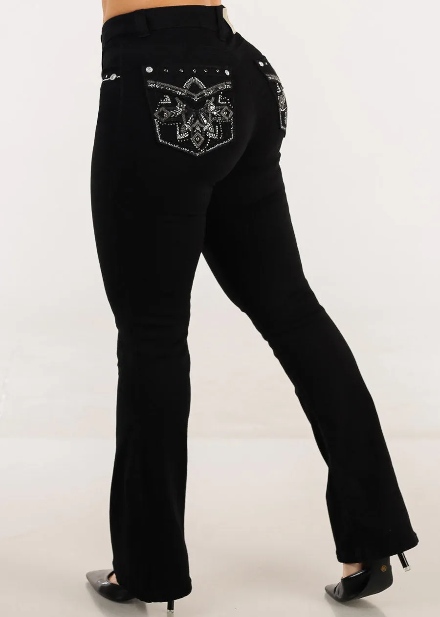 Stretchy High Waist Black Bootcut Jeans w Back Pocket Design sold by Moda