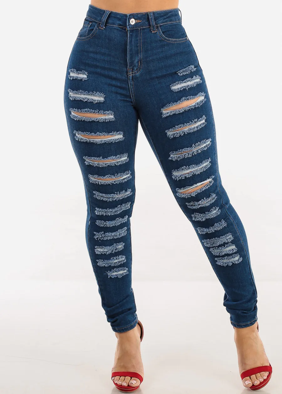 Butt Lift Distressed Stretchy Skinny Jeans Dark Wash sold by Moda product image thumbnail 3
