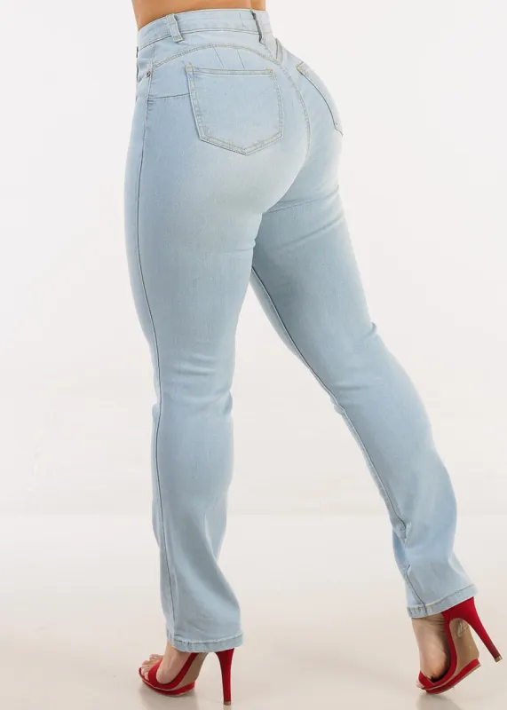 Butt Lift Super High Waist Stretch Straight Leg Jeans Light Wash sold by Moda