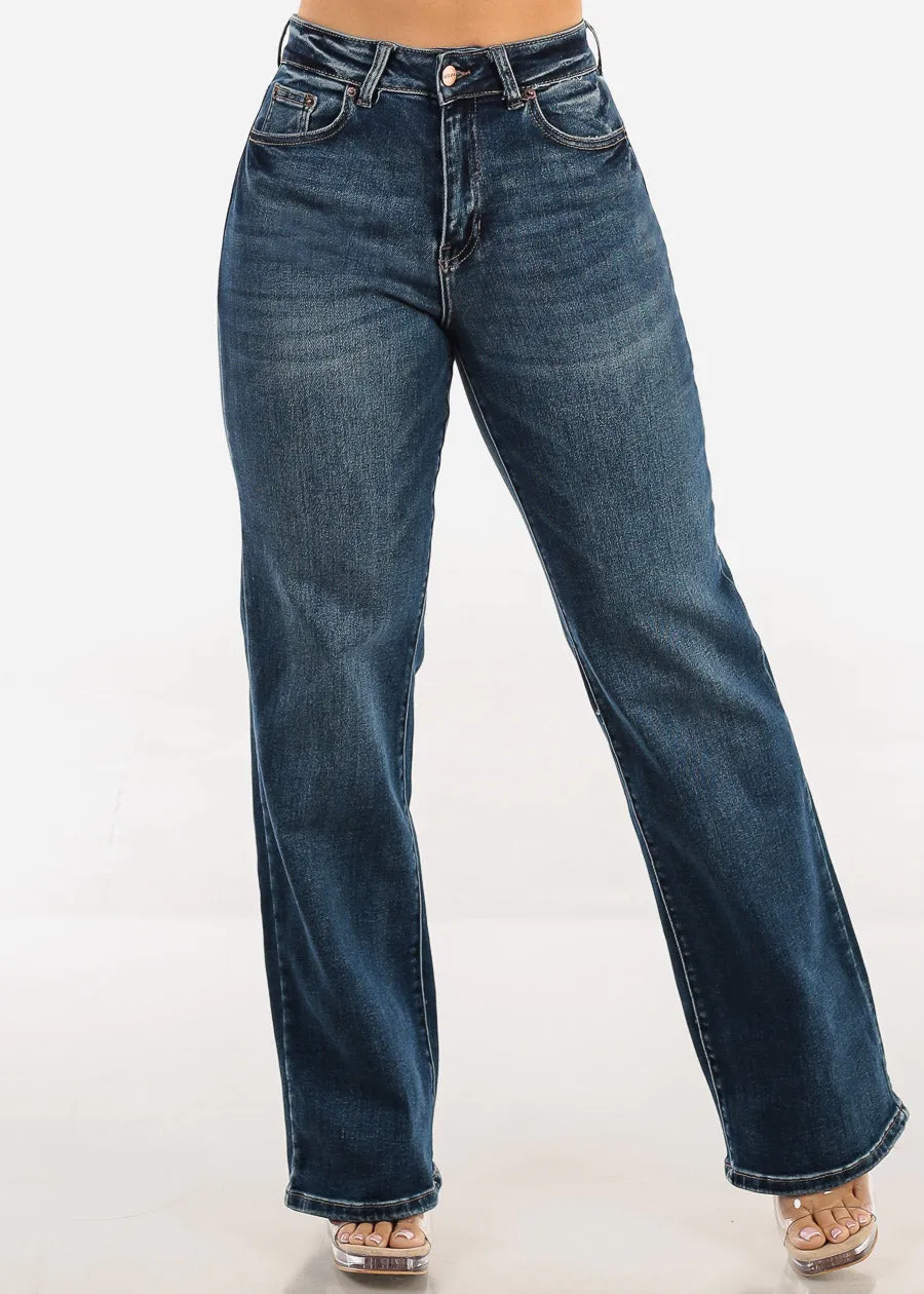 Stretchy High Waist Straight Wide Leg Jeans Dark Wash sold by Moda