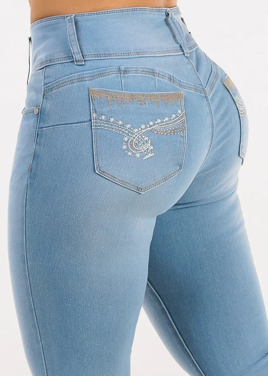 Butt Lift Mid Rise Stretchy Skinny Jeans Light Blue sold by Moda