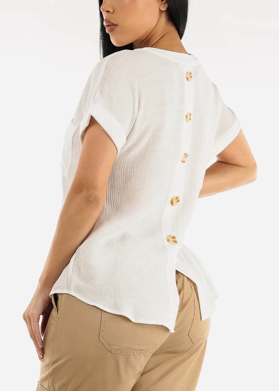 Gauze Cap Sleeve White Shirt w Back Buttons sold by Moda