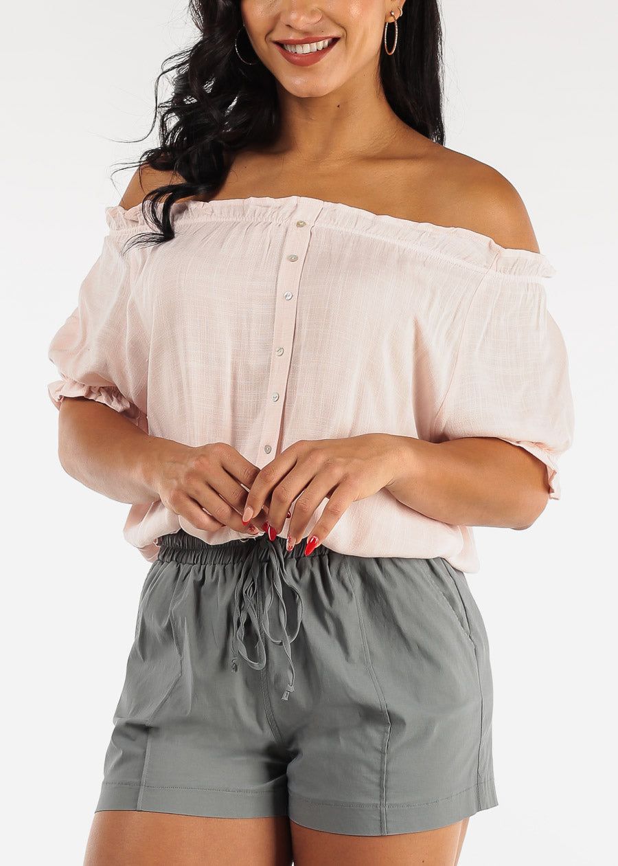 Off Shoulder Button Front Rayon Top Light Pink sold by Moda