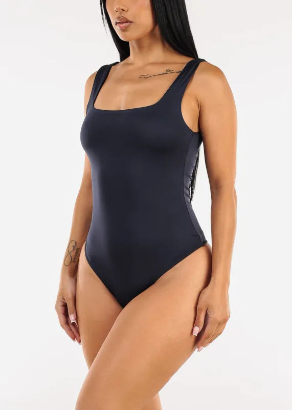 Stretchy Sleeveless Square Neck Thong Bodysuit Navy sold by Moda