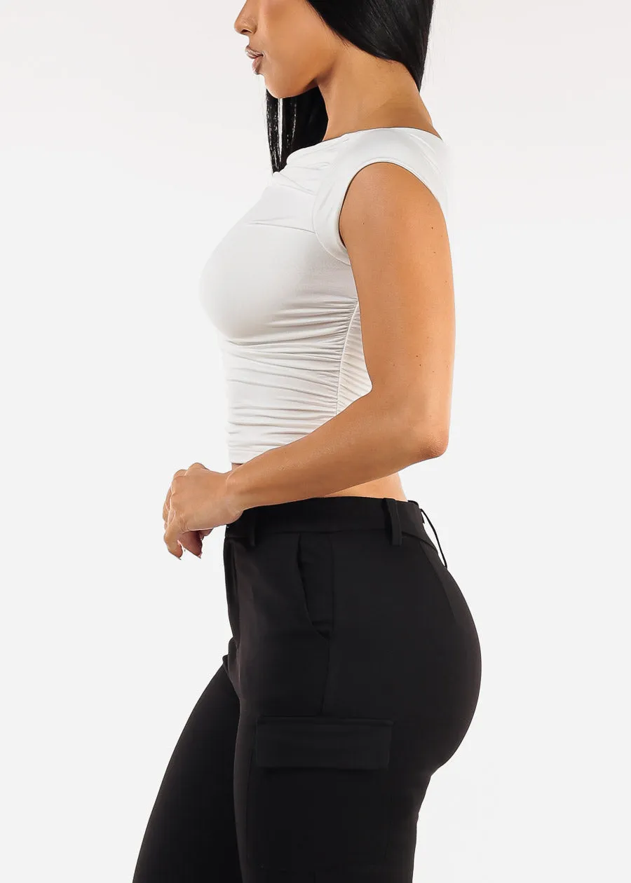 Stretchy Boat Neckline Ruched Crop Top White sold by Moda product image thumbnail 4
