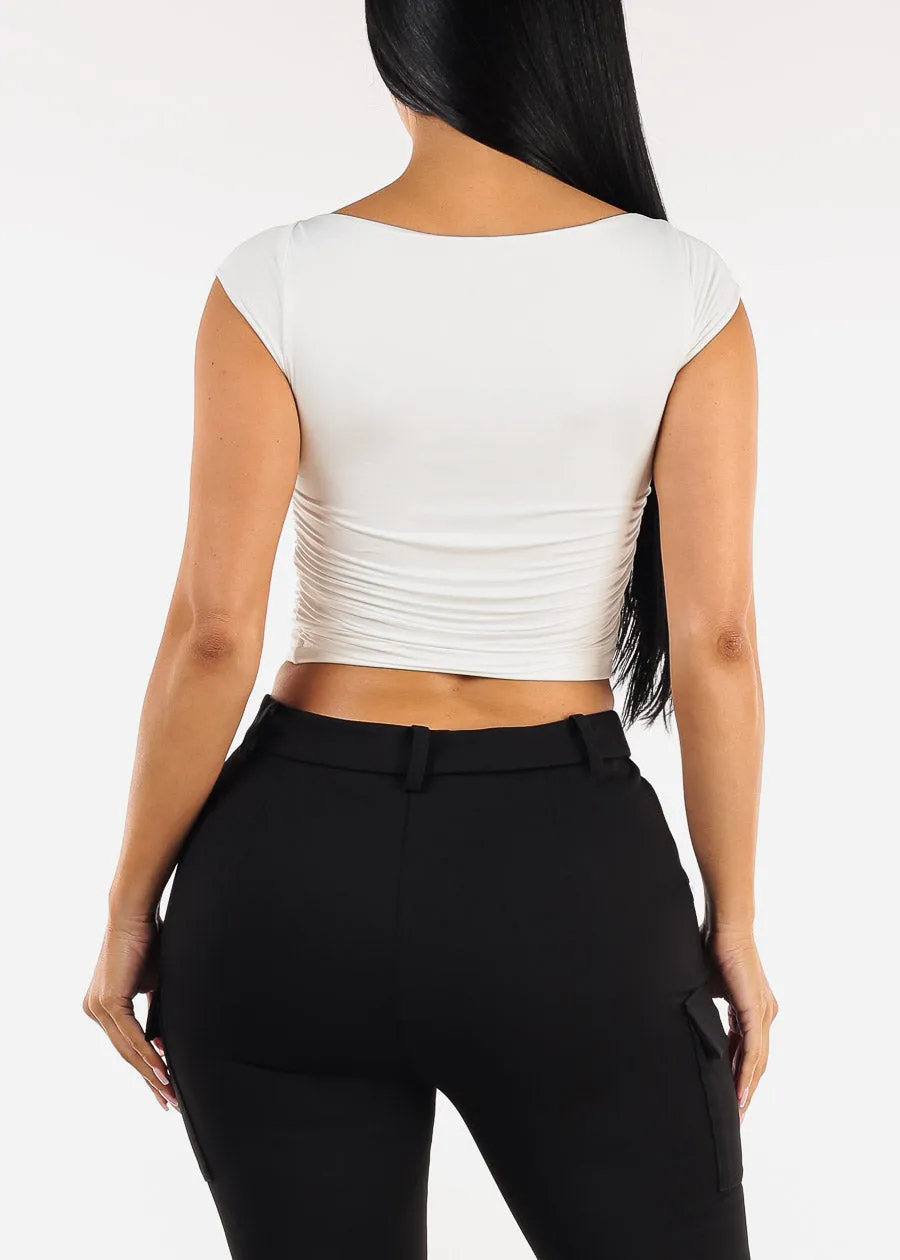 Stretchy Boat Neckline Ruched Crop Top White sold by Moda product image thumbnail 5