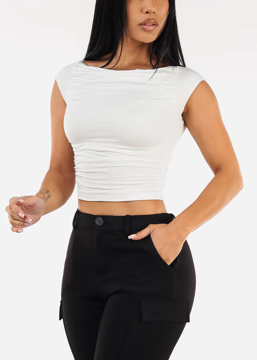 Stretchy Boat Neckline Ruched Crop Top White sold by Moda product image thumbnail 3