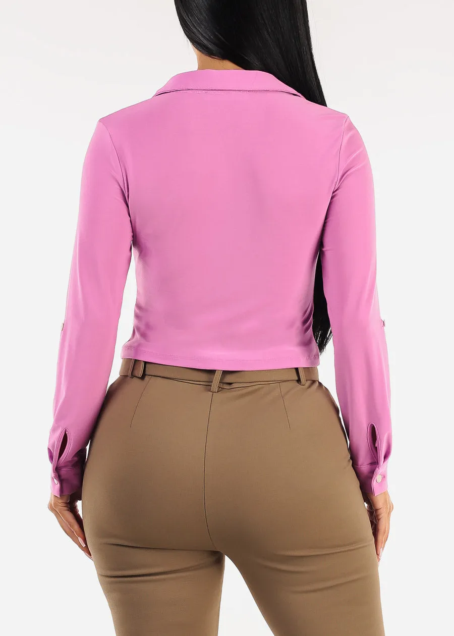 Long Sleeve Button Up Cropped Collared Blouse Candy sold by Moda product image thumbnail 4