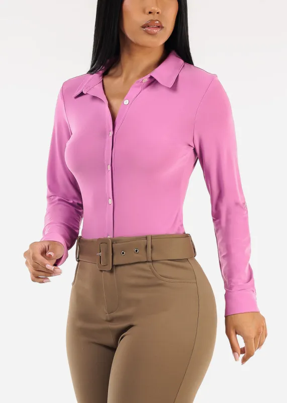 Long Sleeve Button Up Cropped Collared Blouse Candy sold by Moda