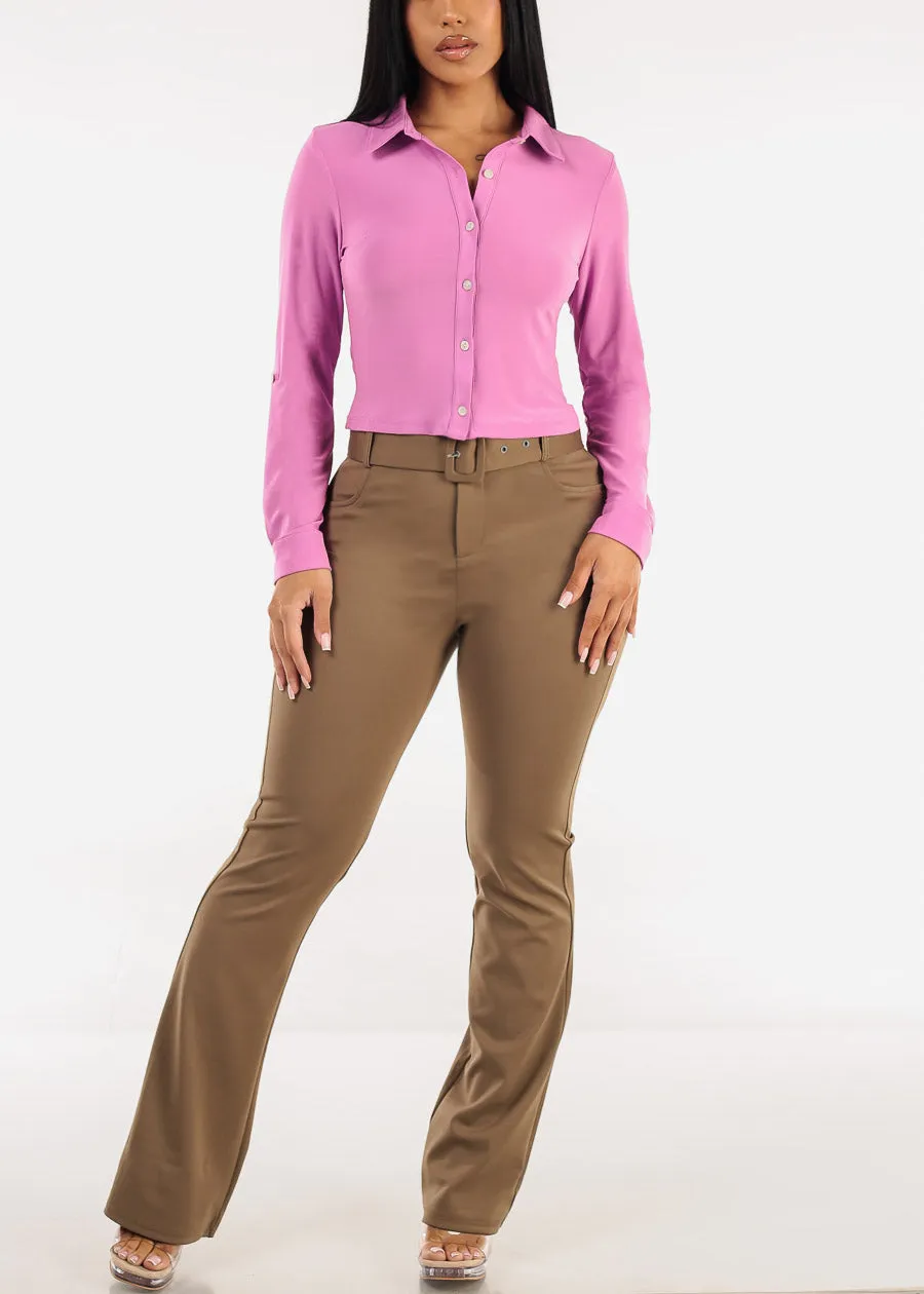 Long Sleeve Button Up Cropped Collared Blouse Candy sold by Moda product image thumbnail 2