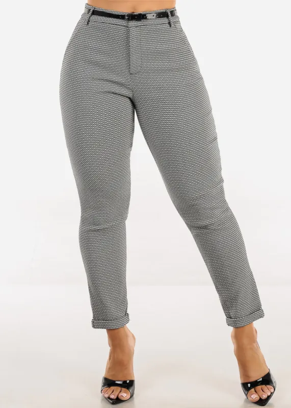 Belted High Waist Printed Skinny Ankle Pants Black sold by Moda