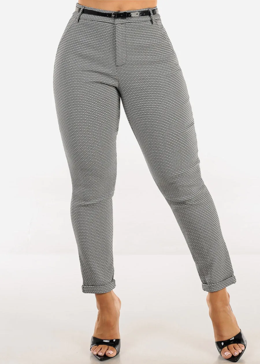 Belted High Waist Printed Skinny Ankle Pants Black sold by Moda