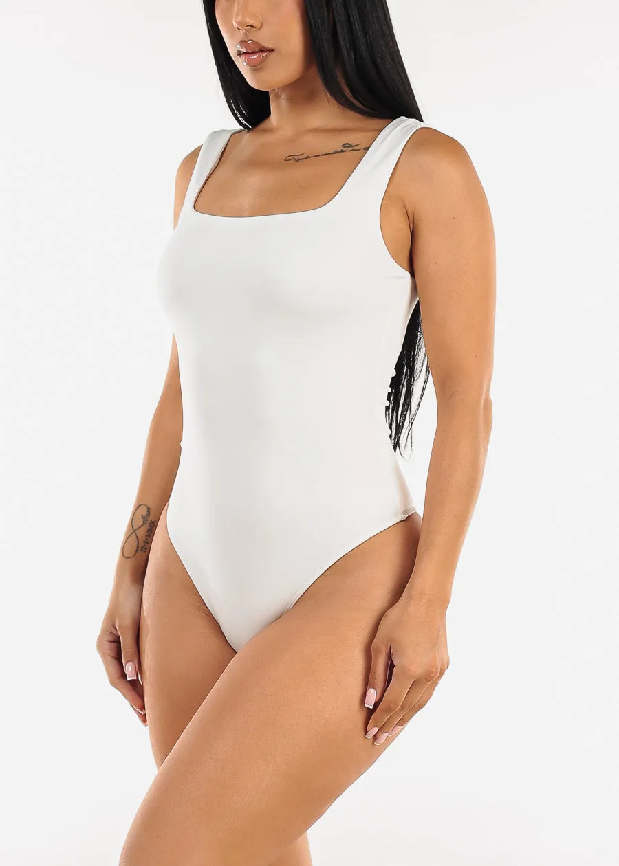 Stretchy Sleeveless Square Neck Thong Bodysuit White sold by Moda