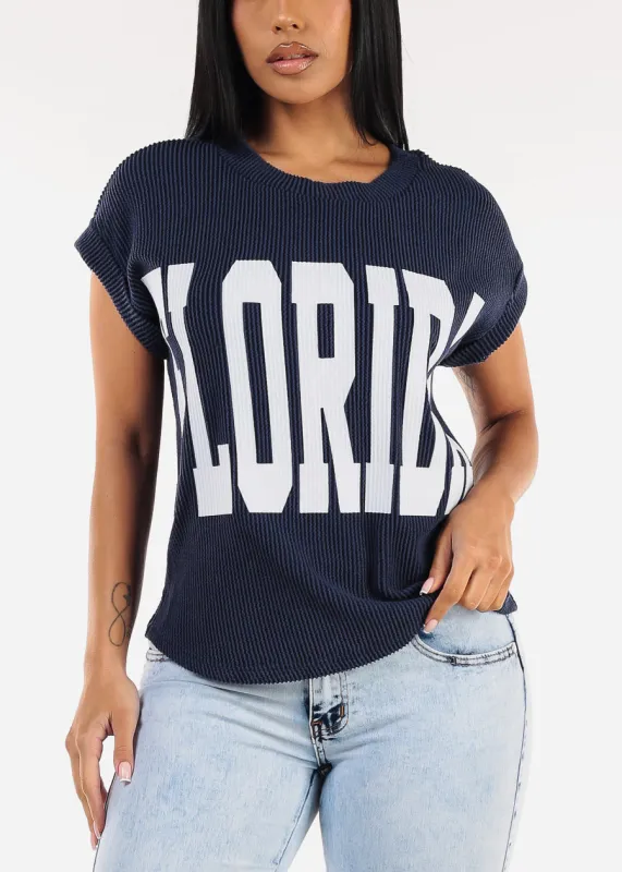 Short Sleeve Sweater Knit Graphic Tee Navy "Florida" made by Blu Pepper