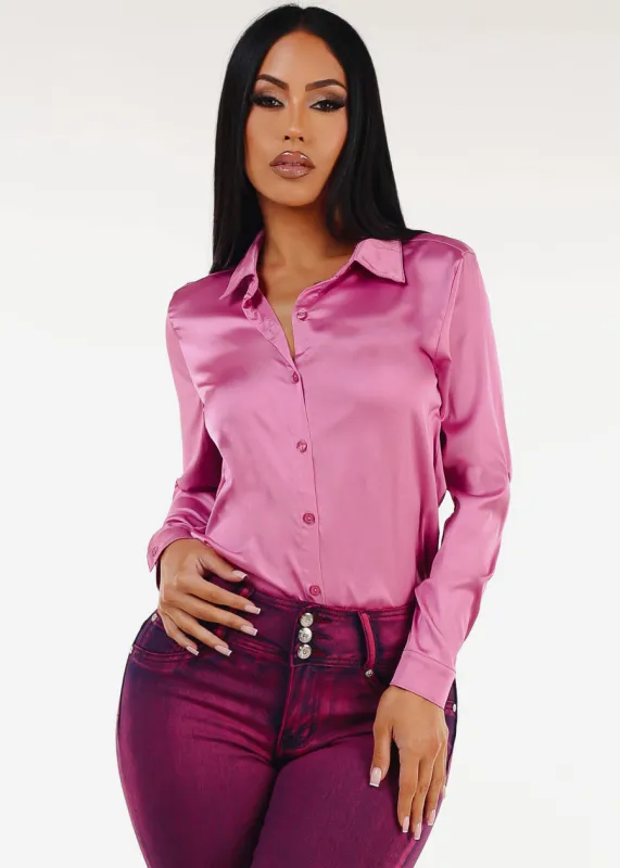 Long Sleeve Button Down Stretch Satin Blouse Pink sold by Moda