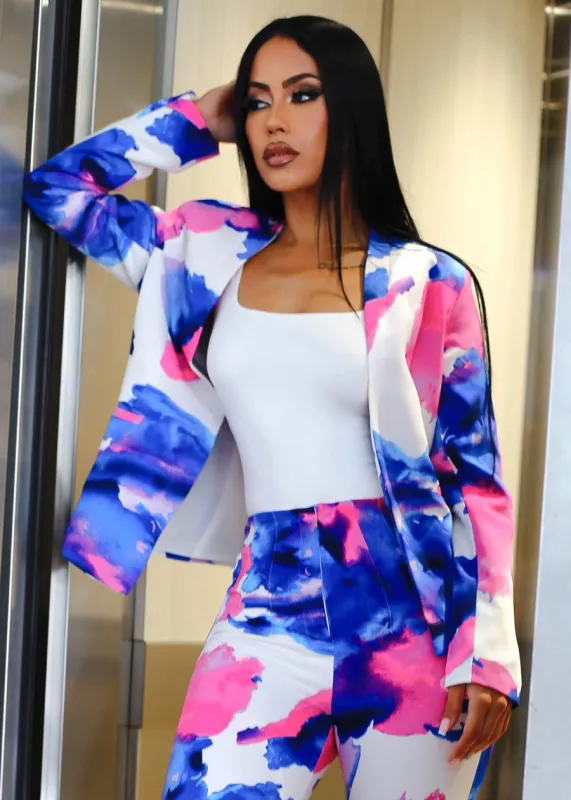 Long Sleeve Printed Formal Blazer Blue & Pink sold by Moda