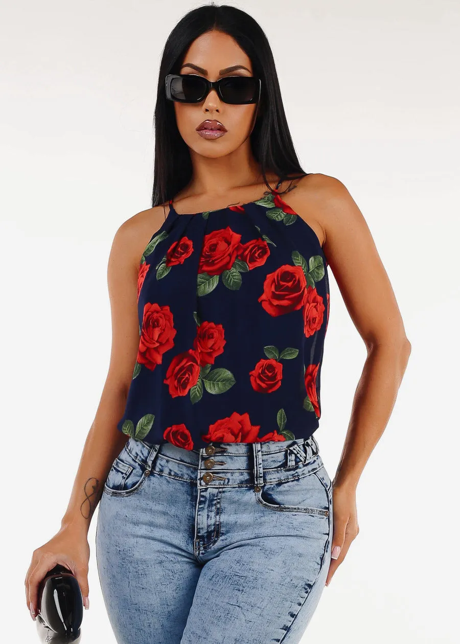 Sleeveless Floral Pleated Blouse Navy sold by Moda